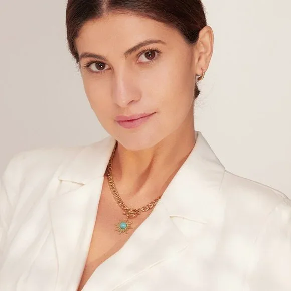 NEW 18K Gold Plated Turquoise Sun Circle Toggle Bar Link Chain Necklace - Picture 2 of 8